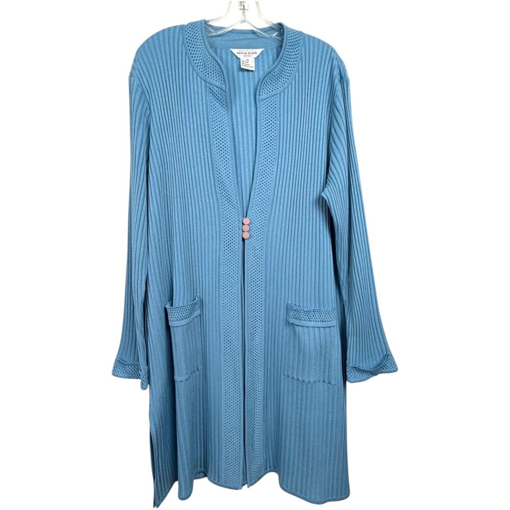 Misook Long Ribbed Knit Cardigan Blue Size 1X Plus Size